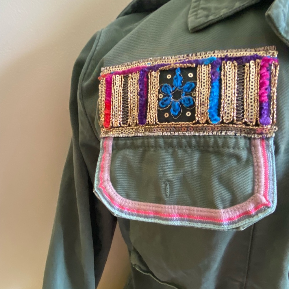 Bebe Boho Embellished Military Jacket - Army Green Size Large - Picture 8 of 15